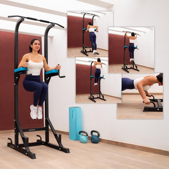 Cecotec Drumfit PullUps 4000 Power Tower. Multiestación De Musculación. Torre De Dominadas Y Fondos. Acolchado Y Con Agarres Antideslizantes. Altura Ajustable. Máximo Peso 120 Kg. Torre Dominadas Y Paralelas. Barra Pull Ups