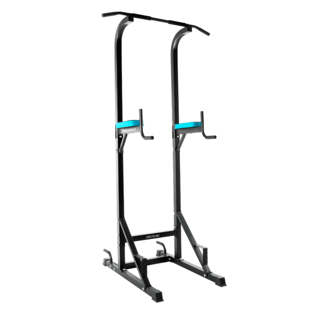 Cecotec Drumfit PullUps 4000 Power tower. Multiestación de musculación. Torre de dominadas y fondos. Acolchado y con agarres antideslizantes. Altura ajustable. Máximo peso 120 kg. Torre dominadas y paralelas. Barra pull ups