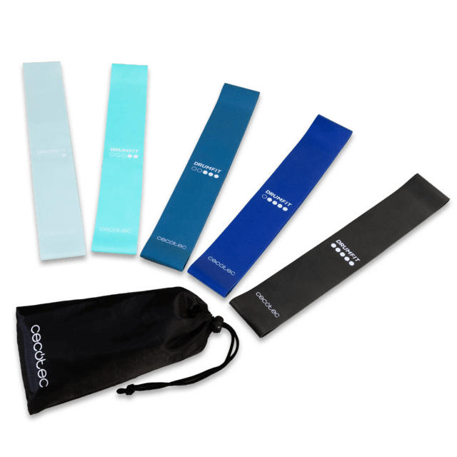 Cecotec DrumFit Resistance Band Set Set De 5 Cintas Elásticas De Resistencia De Látex Con Distintos Niveles Y Bolsa De Transporte Incluida. Set Set De 5 Cintas Elásticas