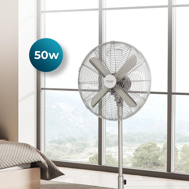 Cecotec EnergySilence 610 Steelstyle Ventilador De Pie Con 50 W Y Acabado En Acero 16 Pulgadas 3 Velocidades Oscilación Silencioso Altura Ajustable 4 Aspas Y Máxima Seguridad. Ventilador De Pie