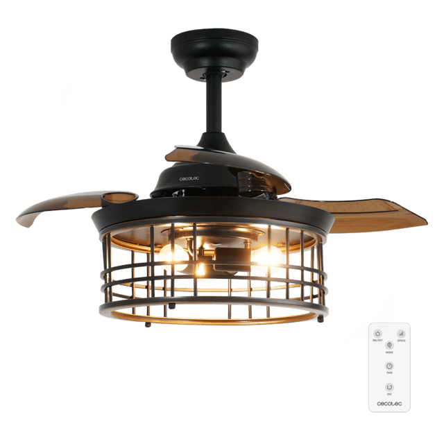 Cecotec EnergySilence Aero 3600 Invisible Metalic Style Ventilador de techo de diseño con motor DC con una potencia de 25W y lámpara integrada con 3 aspas retráctiles 36 pulgadas control remoto 3 velocidades temporizador y mo
