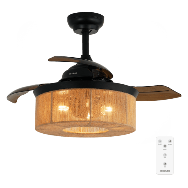 Cecotec EnergySilence Aero 3600 Invisible Natural Style Ventilador de techo de diseño con motor DC con una potencia de 25W y lámpara integrada con 3 aspas retráctiles 36 pulgadas control remoto 3 velocidades temporizador y mo