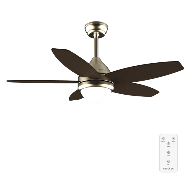 Cecotec EnergySilence Aero 4200 GoldDarkWood Ventilador de techo de 53W y 42” con luz LED de 15W 3 tonalidades seleccionables mando a distancia temporizador seleccionable 3 velocidades y 5 aspas. Ventilador de techo 