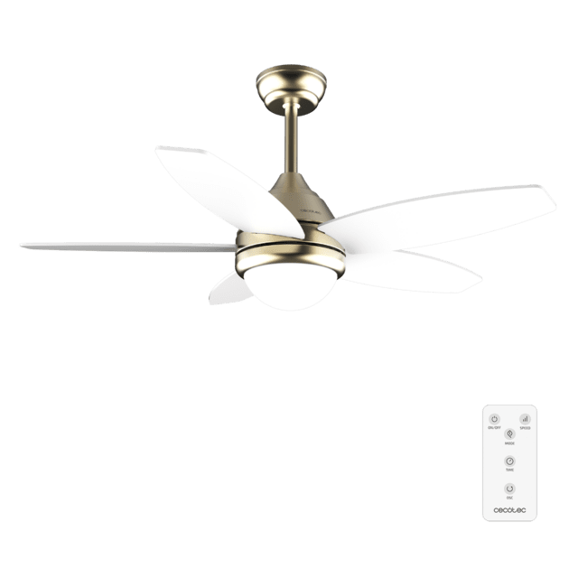 Cecotec EnergySilence Aero 4200 GoldLightWood Ventilador de techo de 53W y 42” con luz LED de 15W 3 tonalidades seleccionables mando a distancia temporizador seleccionable 3 velocidades y 5 aspas. Ventilador de techo 