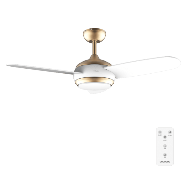 Cecotec EnergySilence Aero 4265 GoldWhite Ventilador de techo de 65 W y 42” con luz LED de 18W mando a distancia temporizador programable 3 velocidades 3 aspas. Ventilador de techo con luz y mando a distancia