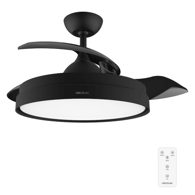 Cecotec EnergySilence Aero 4280 Invisible Black. Ventilador de Techo con Aspas Retráctiles y Lámpara 40 W Diámetro 42" (106cm) Temporizador 3 Tonos de Luz Función Verano-Invierno Ventilador de techo con luz y mando a distanc