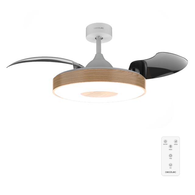 Cecotec EnergySilence Aero 4280 Invisible LightWood Ventilador De Techo Con Aspas Retráctiles Con Motor DC De 65W Y 42" Con Iluminación LED Temporizador Mando A Distancia Y Modo Winter-summer. Ventilador De Techo 