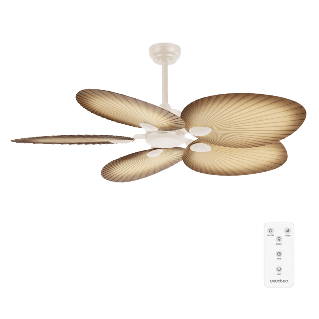 Cecotec EnergySilence Aero 5200 Palm Ventilador de techo de 35W y 52 pulgadas con mando a distancia motor DC incorporado temporizador regulable entre 1/2/4 y 8 horas modo winter-summer 6 velocidades para seleccionar con 5 aspas