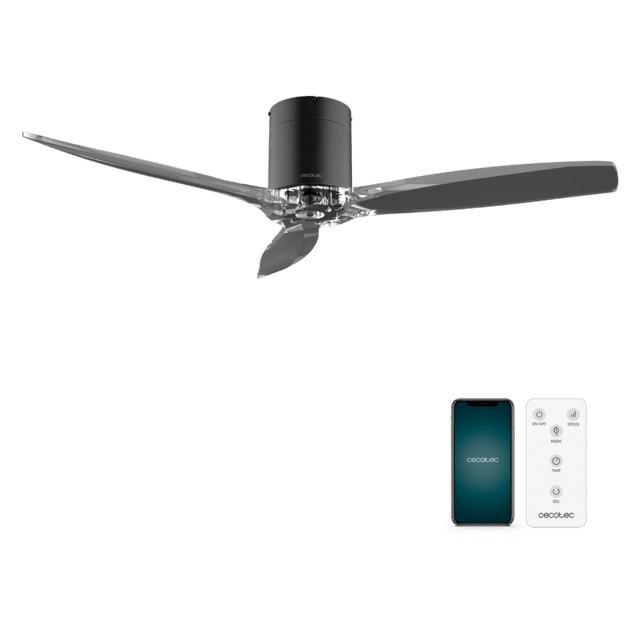 Cecotec EnergySilence Aero 5285 BlackTransparent Ventilador de techo de 40 W y 52” con mando a distancia control por wifi y mando a distancia protección IP44 6 velocidades 3 aspas modo winter-summer y temporizador de hasta 8
