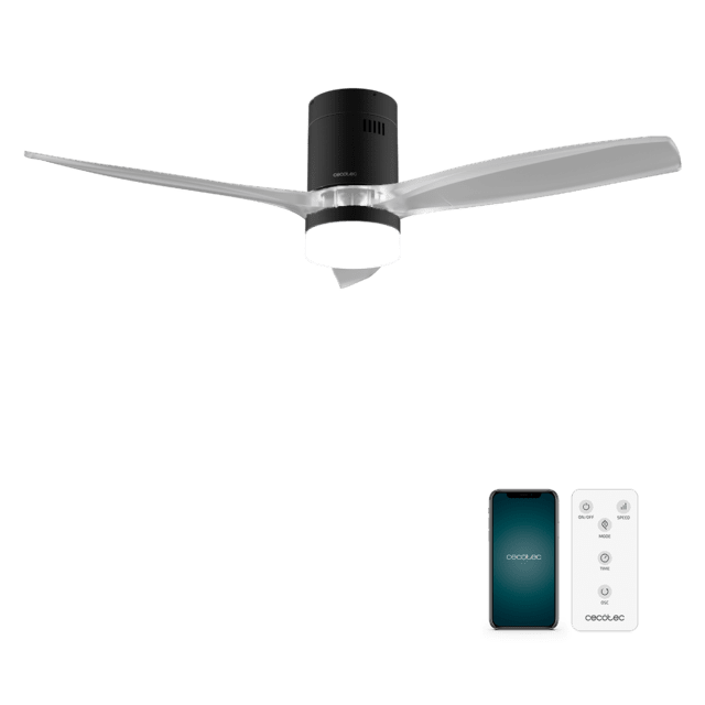 Cecotec EnergySilence Aero 5285 Sun BlackTransparent Ventilador de techo de 40 W y 52” con mando a distancia control por wifi y mando a distancia protección IP44 6 velocidades 3 aspas modo winter-summer y temporizador de hast