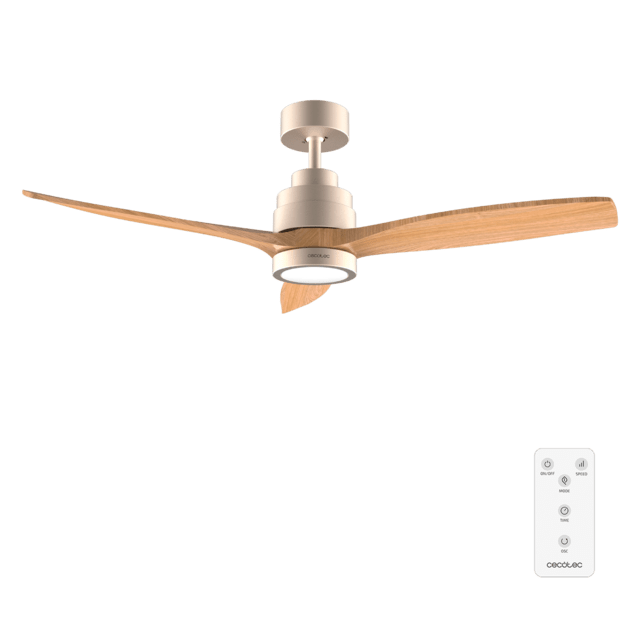 Cecotec EnergySilence Aero 5295 GoldWhite Ventilador de techo de 35W con motor DC y 52” con luz LED de 18W mando a distancia temporizador y 6 velocidades. Ventilador de techo