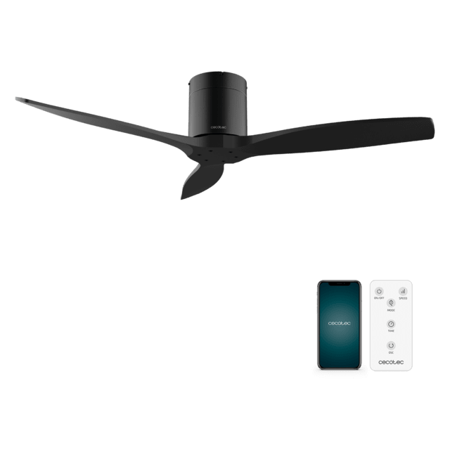 Cecotec EnergySilence Aero 5500 Aqua Black&Black Connected Ventilador de techo de 40 W y 52” con mando a distancia control por wifi y mando a distancia protección IP44 6 velocidades 3 aspas modo winter-summer y temporizador d