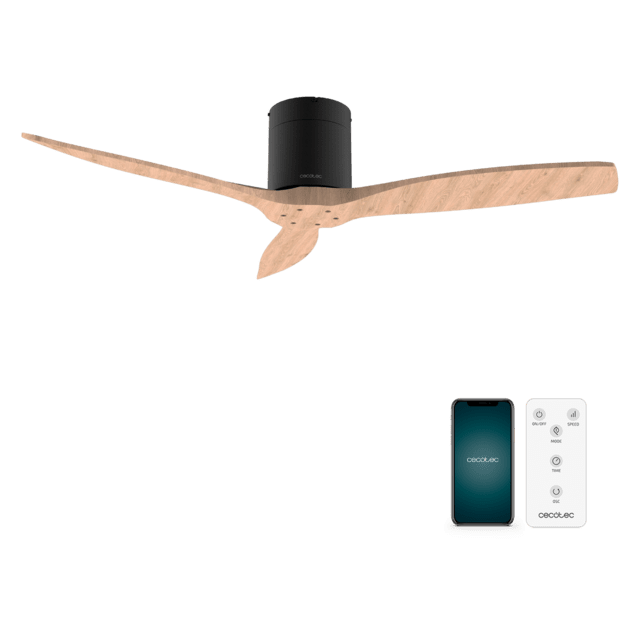 Cecotec EnergySilence Aero 5500 Aqua Black&LightWood Connected Ventilador de techo de 40 W y 52” con mando a distancia control por wifi y mando a distancia protección IP44 6 velocidades 3 aspas modo winter-summer y temporizad