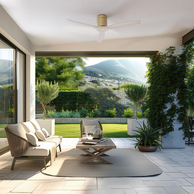 Cecotec EnergySilence Aero 5500 Aqua GoldWhiteWood Connected Ventilador De Techo De 40 W Y 52” Con Mando A Distancia Control Por Wifi Y Mando A Distancia Protección IP44 6 Velocidades 3 Aspas Modo Winter-summer Y Temporizador