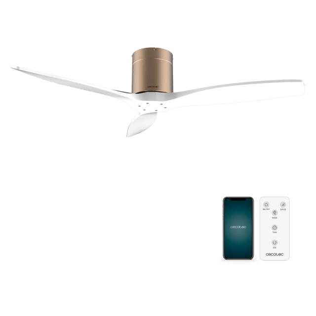 Cecotec EnergySilence Aero 5500 Aqua GoldWhiteWood Connected Ventilador de techo de 40 W y 52” con mando a distancia control por wifi y mando a distancia protección IP44 6 velocidades 3 aspas modo winter-summer y temporizador