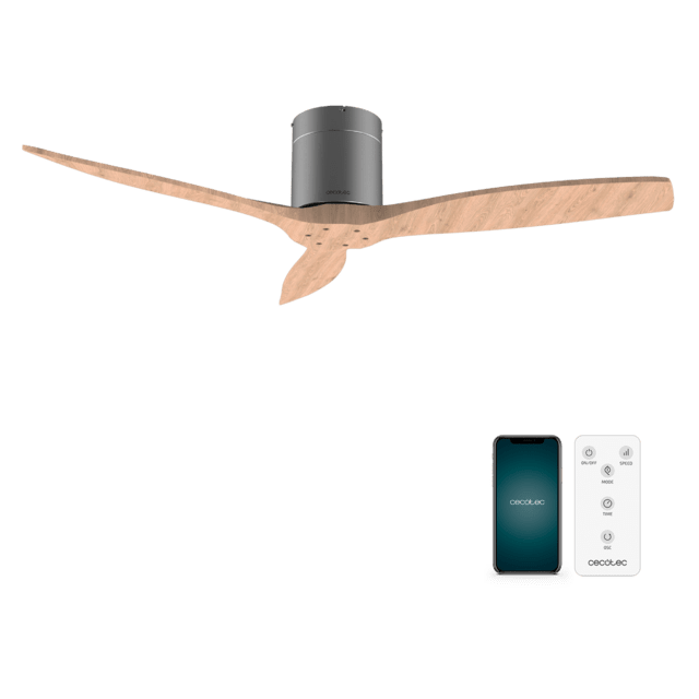 Cecotec EnergySilence Aero 5500 Aqua IronLightWood Connected Ventilador de techo de 40 W y 52” con mando a distancia control por wifi y mando a distancia protección IP44 6 velocidades 3 aspas modo winter-summer y temporizador