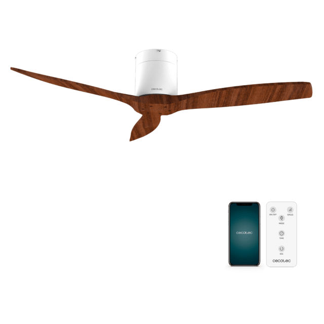 Cecotec EnergySilence Aero 5500 Aqua WhiteDarkWood Connected Ventilador de techo de 40 W y 52” con mando a distancia control por wifi y mando a distancia protección IP44 6 velocidades 3 aspas modo winter-summer y temporizador