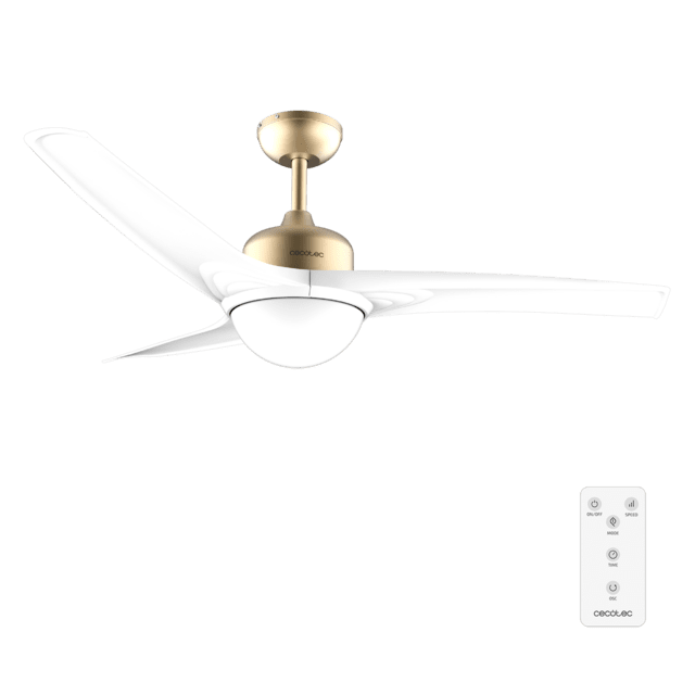 Cecotec EnergySilence Aero 560 GoldWhite Ventilador de techo de 60W y 52” con luz LED de 18W mando a distancia temporizador programable 3 velocidades a seleccionar y 3 aspas. Ventilador de techo