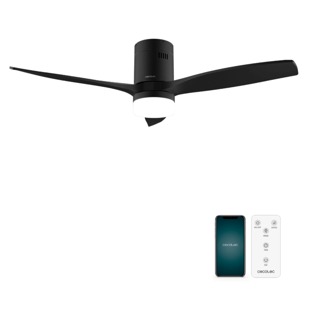 Cecotec EnergySilence Aero 5600 Aqua Black&Black Connected Ventilador de techo de 40 W y 52” con mando a distancia control por wifi y mando a distancia protección IP44 luz 6 velocidades 3 aspas modo winter-summer y temporizad