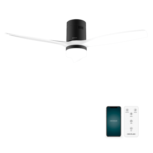 Cecotec EnergySilence Aero 5600 Aqua Black&White Connected Ventilador de techo de 40 W y 52” con mando a distancia control por wifi y mando a distancia protección IP44 luz 6 velocidades 3 aspas modo winter-summer y temporizad