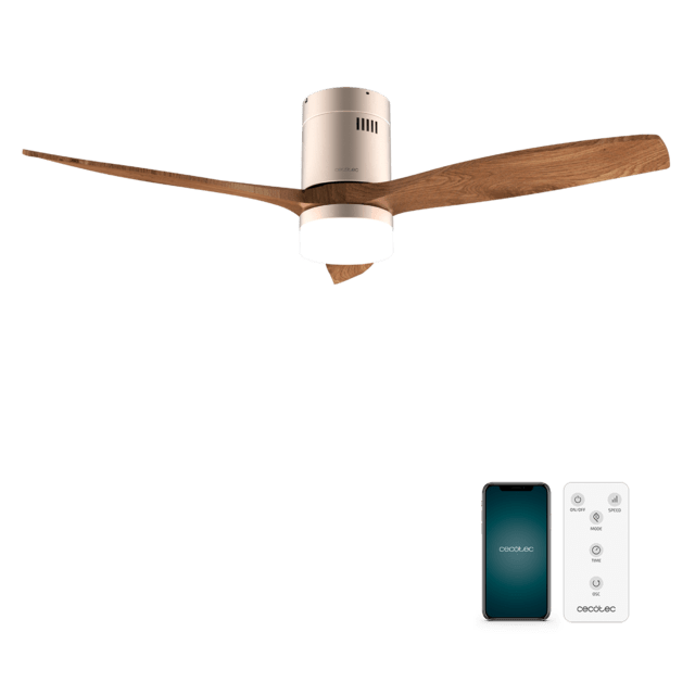 Cecotec EnergySilence Aero 5600 Aqua GoldDarkWood Connected Ventilador de techo de 40 W y 52” con mando a distancia control por wifi y mando a distancia protección IP44 luz 6 velocidades 3 aspas modo winter-summer y temporiza