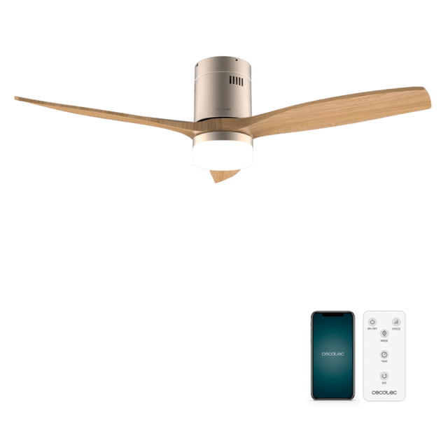 Cecotec EnergySilence Aero 5600 Aqua GoldLightWood Connected Ventilador de techo de 40 W y 52” con mando a distancia control por wifi y mando a distancia protección IP44 luz 6 velocidades 3 aspas modo winter-summer y temporiz
