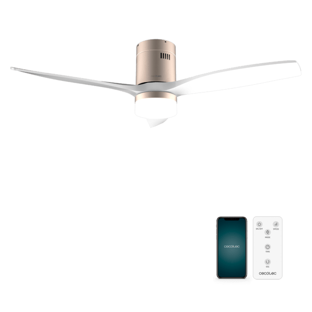 Cecotec EnergySilence Aero 5600 Aqua GoldWhiteWood Connected Ventilador de techo de 40 W y 52” con mando a distancia control por wifi y mando a distancia protección IP44 luz 6 velocidades 3 aspas modo winter-summer y temporiz