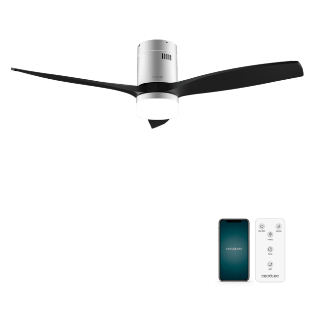 Cecotec EnergySilence Aero 5600 Aqua IronBlack Connected Ventilador de techo de 40 W y 52” con mando a distancia control por wifi y mando a distancia protección IP44 luz 6 velocidades 3 aspas modo winter-summer y temporizador