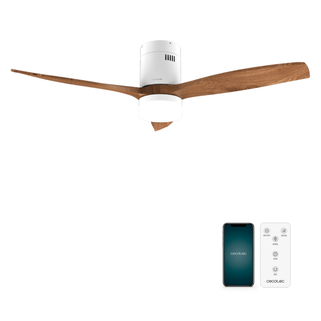 Cecotec EnergySilence Aero 5600 Aqua WhiteDarkWood Connected Ventilador de techo de 40 W y 52” con mando a distancia control por wifi y mando a distancia protección IP44 luz 6 velocidades 3 aspas modo winter-summer y temporiz