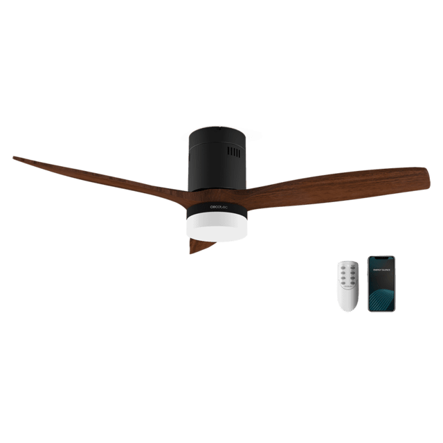 Cecotec EnergySilence Aero 5600 Black Aqua Connected Ventilador de techo de 40 W y 52” con mando a distancia control por wifi y mando a distancia protección IP44 6 velocidades 3 aspas modo winter-summer y temporizador de hast