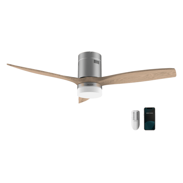 Cecotec EnergySilence Aero 5600 Steel Aqua Connected Ventilador de techo de 40 W y 52” con mando a distancia control por wifi y mando a distancia protección IP44 6 velocidades 3 aspas modo winter-summer y temporizador de hast