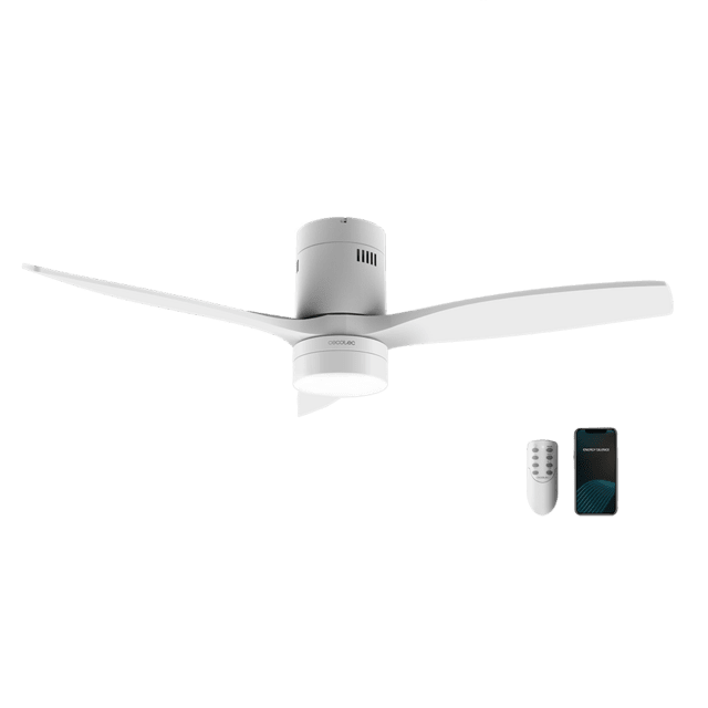 Cecotec EnergySilence Aero 5600 White Aqua Connected Ventilador de techo de 40 W y 52” con mando a distancia control por wifi y mando a distancia protección IP44 6 velocidades 3 aspas modo winter-summer y temporizador de hast