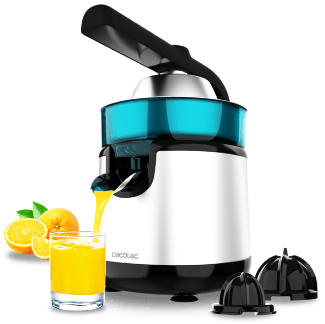 Cecotec EssentialVita Hyden 120 Steel Exprimidor eléctrico de brazo para naranjas y cítricos con 120 W de potencia y dos conos desmontables de diferente tamaño el grande de acero inoxidable y el pequeño de plástico. Mango y