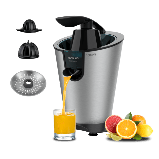 Cecotec EssentialVita PowerFresh 1000 Inox Exprimidor eléctrico de brazo con 1000 W cuerpo y filtro de acero inoxidable y dos conos desmontables. Exprimidor eléctrico de brazo 