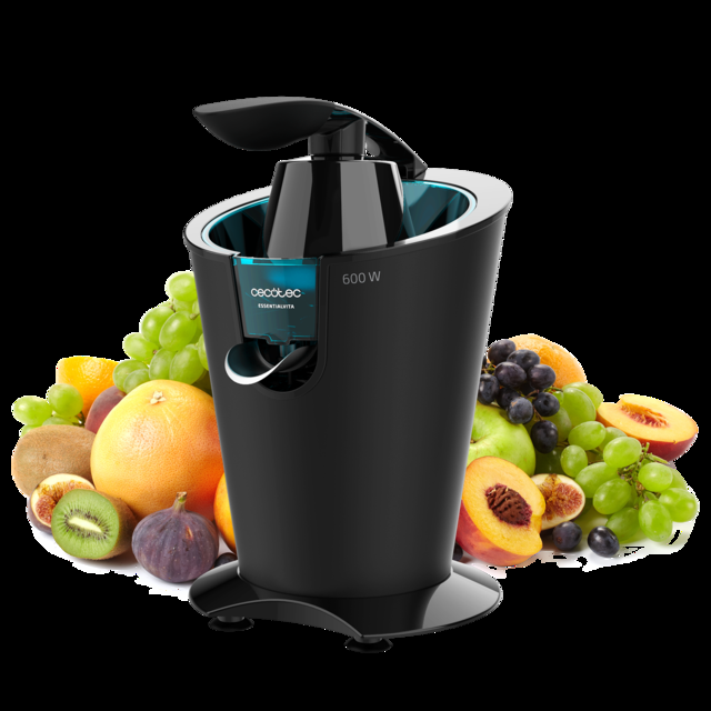 Cecotec EssentialVita PowerFresh 600 Black. Exprimidor Eléctrico de Brazo de 600 W Filtro de Acero inoxidable 2 Conos Desmontables Boquilla antigoteo Cuerpo Negro con Acabado Soft Touch Exprimidor de brazo