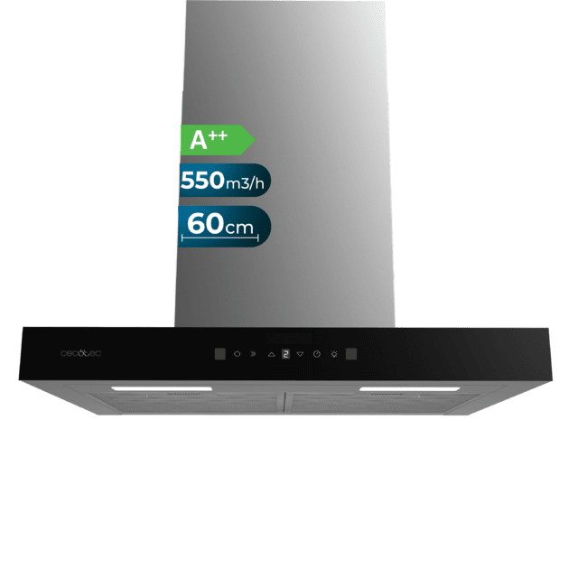 Cecotec Flux TT 605500 Glass Black A++ Campana T de 60cm de ancho acabado frontal cristal negro succión 550m3/h Motor 70W Clase A++ control táctil 3 niveles de potencia Booster luz filtro de carbono Hand Movement Control y Del