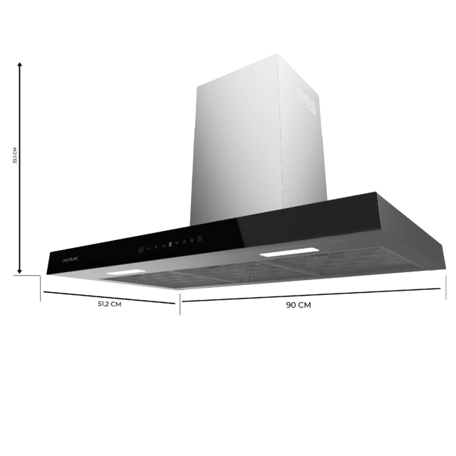 Cecotec Flux TT 905500 Glass Black A++ Campana T De 90cm De Ancho Acabado Frontal Cristal Negro Succión 550m3/h Motor 70W Clase A++ Control Táctil 3 Niveles De Potencia Luz Filtro De Carbono Hand Movement Control Y Delay Funct