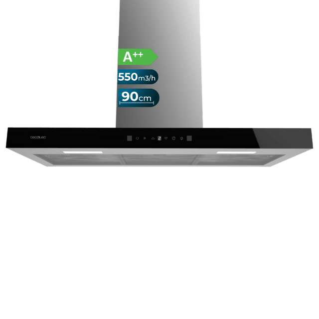 Cecotec Flux TT 905500 Glass Black A++ Campana T de 90cm de ancho acabado frontal cristal negro succión 550m3/h Motor 70W Clase A++ control táctil 3 niveles de potencia luz filtro de carbono Hand Movement Control y Delay Funct