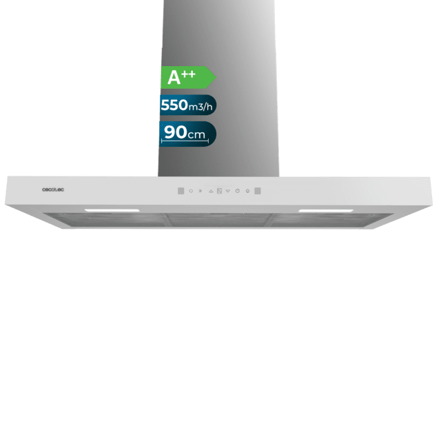Cecotec Flux TT 905500 Glass White A++ Campana T de 90cm de ancho acabado frontal cristal blanco succión 550m3/h Motor 70W Clase A++ control táctil 3 niveles de potencia luz filtro de carbono Hand Movement Control y Delay Func