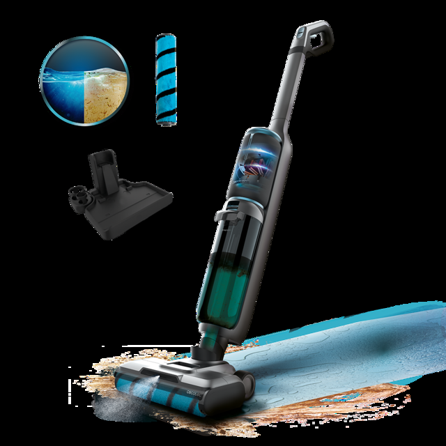Cecotec FreeGo Wash&Vacuum Spray Fregona eléctrica de 250 W. Friega y aspira a la vez. 35 minutos de autonomía. Rodillo absorbente Wet Jalisco. Spray de agua desincrustante contra la suciedad. Depósito de agua limpia de 700 m