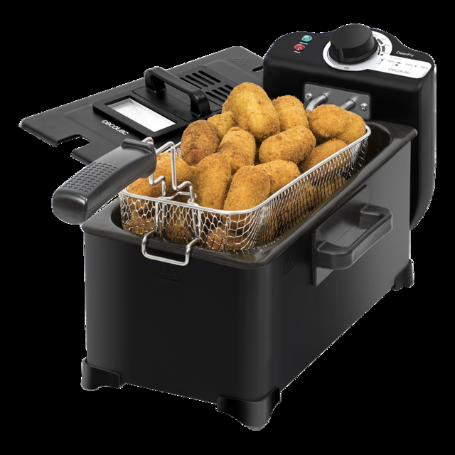 Cecotec Freidora CleanFry 3l. 2000 W Acero inoxidable Filtro OilCleaner que mantiene el aceite limpio Lacada en negro y 3 litros de capacidad. Tapa con ventana y filtro antiolores Freidora eléctrica 3 litros  