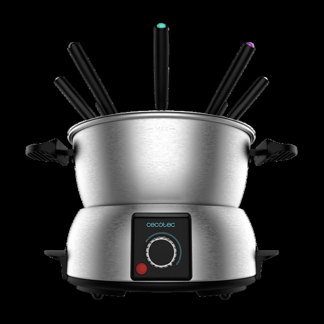 Cecotec Fun GourmetFondue. Fondue eléctrica con 1000 W de Potencia Termostato Regulable Acero Inoxidable para Queso Chocolate y Aceite Incluye 8 Tenedores Piezas aptas para lavavajillas Fondue queso chocolate o aceite  