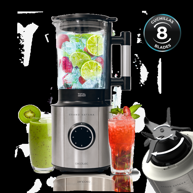 Cecotec Grand Katana 2700MAX Total Destroy B Batidora de vaso con 2700 W de potencia máxima. Potencia nominal 1800W y Máx 2700W. Tecnología contrarrotante TotalDestroy cuchilla de 8 hojas con recubrimiento de titanio negro y