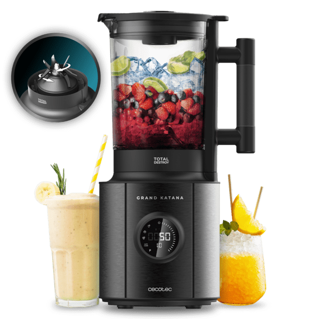 Cecotec Grand Katana 2700MAX Total Destroy Screen B Batidora de vaso con 2700 W de potencia máxima pantalla digital tecnología contrarrotante TotalDestroy cuchilla de 8 hojas con recubrimiento de titanio negro y jarra termorre