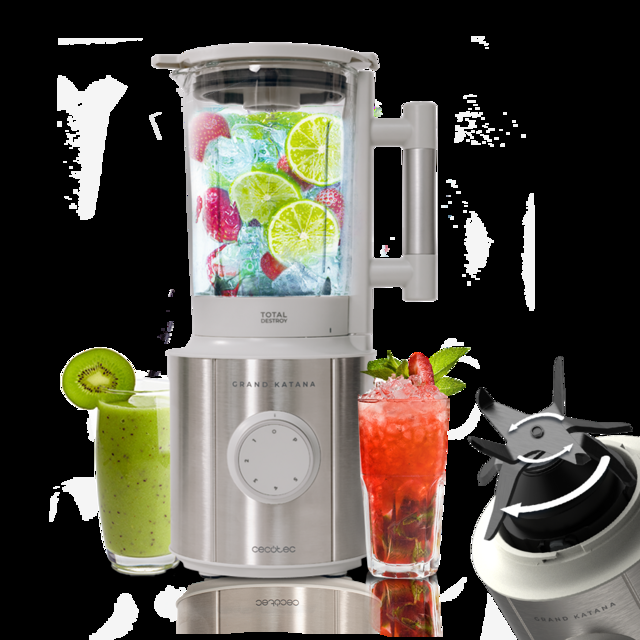 Cecotec Grand Katana 2700MAX Total Destroy W Batidora de vaso con 2700 W de potencia máxima. Potencia nominal 1800W y Máx 2700W. Tecnología contrarrotante TotalDestroy cuchilla de 8 hojas con recubrimiento de titanio negro y