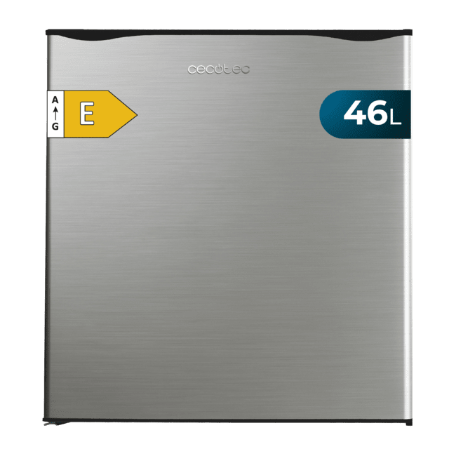 Cecotec GrandCooler 20000 SilentCompress Inox E Mini Frigorífico acero inoxidable compartimento congelador interior capacidad de 46 Litros 47 de ancho y 48.5 cm de alto puerta reversible funcionamiento cíclico clase energétic