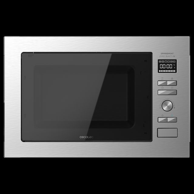 Cecotec GrandHeat 2590 Built-In Steel Black.Microondas Encastrable Digital Con Potencia 900 W Integrable 25 Litros Grill 1000 W 8 Funciones Preconfiguradas Temporizador Microondas Encastrable Digital De 25 Litros