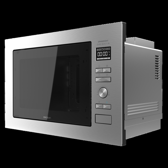 Cecotec GrandHeat 2590 Built-In Steel Black.Microondas encastrable Digital con Potencia 900 W Integrable 25 litros Grill 1000 W 8 Funciones preconfiguradas Temporizador Microondas encastrable digital de 25 litros