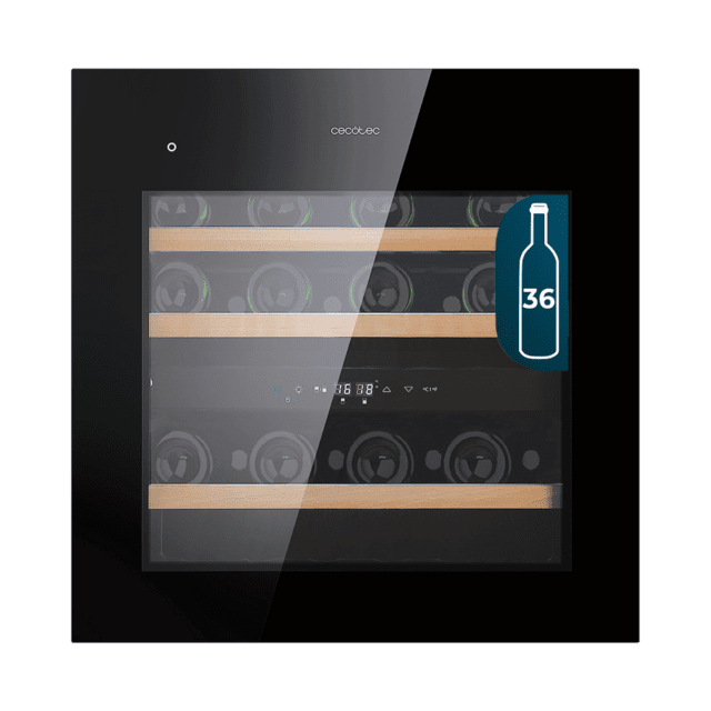 Cecotec GrandSommelier Duo 36000 Touch Black Compressor Vinoteca completamente integrable con cristal negro Apertura táctil mediante sensor Doble zona temperatura 5ºC a 20ºC Capacidad 36 Botellas Dimensiones 60x60cm Iluminaci