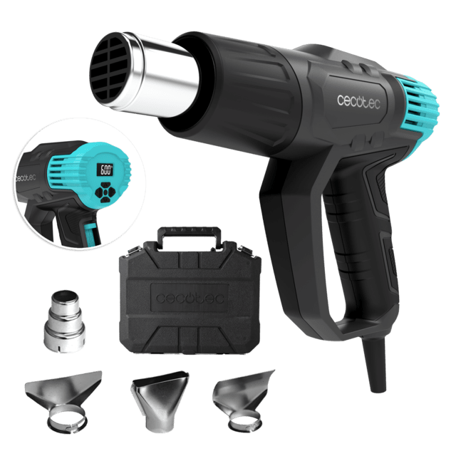 Cecotec Hell Gun 9500 Vision Pistola de calor con 2000W de potencia. Control digital de la velocidad de aire y temperatura. Rango de temperatura de 50ºC a 600ºC. Incluye 4 cabezales intercambiables y maletín. Calentamiento ul